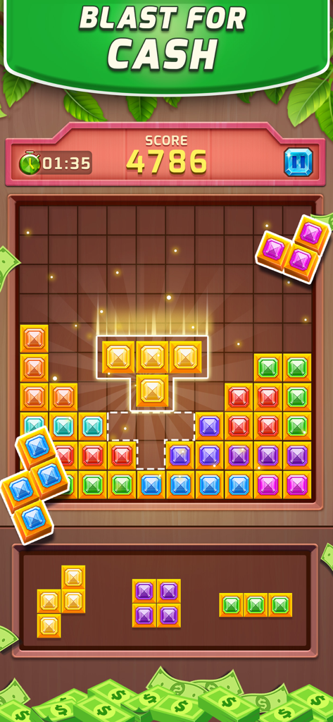 Block Puzzle: Win & CashOut - Gameplay of Block Puzzle Win and CashOut showing a colorful jewel block grid with a blast for cash theme