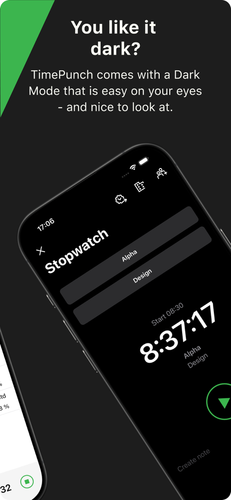 TimePunch Mobile - Interfaz de la aplicación TimePunch Mobile con modo oscuro y un cronómetro activo para el seguimiento del tiempo del proyecto.