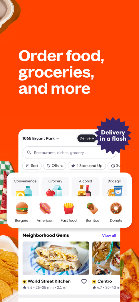 Pantalla de inicio de la aplicación Grubhub que muestra opciones de entrega de comida y comestibles con categorías de restaurantes locales