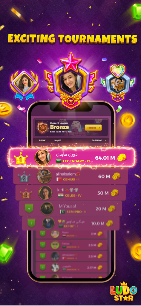 A mobile screen showing the Ludo STAR tournament leaderboard with top player rankings and gold coin earnings