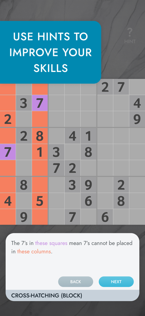 A Sudoku game screen explaining the cross hatching logic technique through the smart hint system.