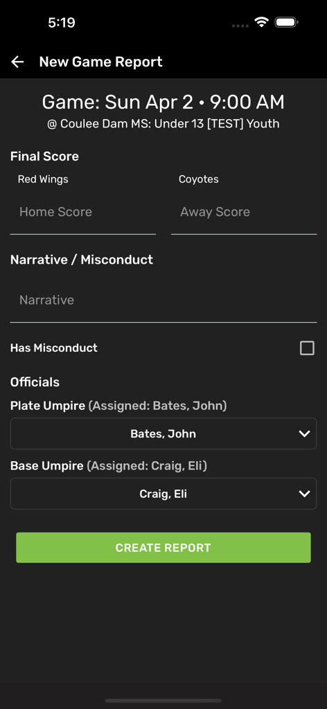 Assignr mobile app interface for creating a new game report with scores and official details