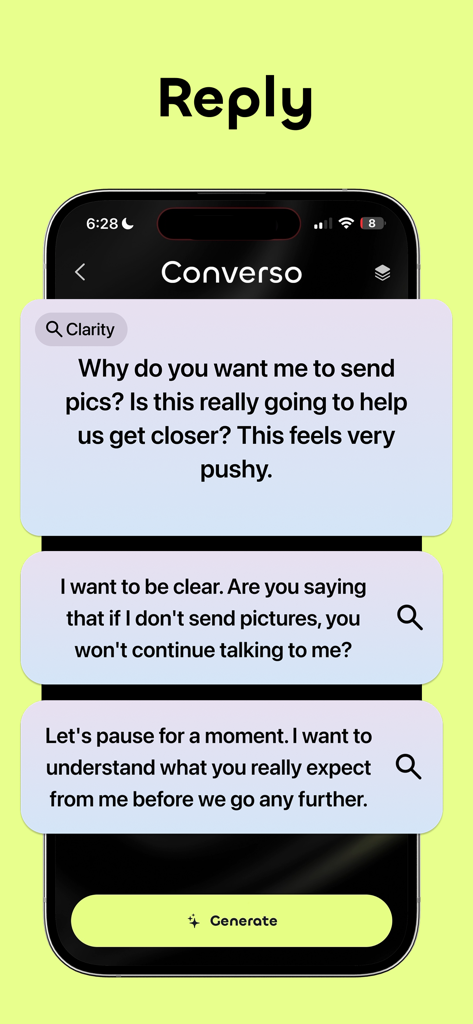 Converso-App-Oberfläche, die KI-generierte Textantworten für ein Dating-Gespräch anzeigt