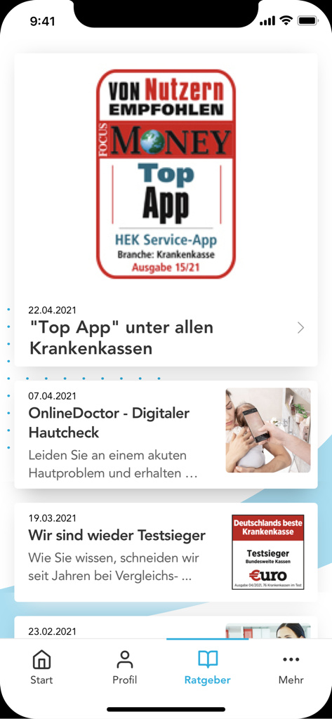 HEK Service-App advisor section showing health articles and top app awards