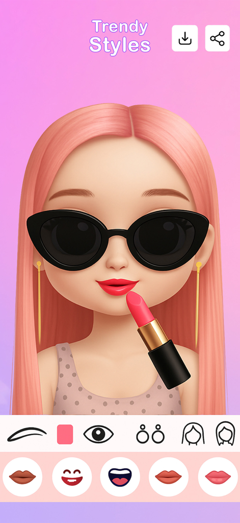 Digital doll with pink hair and sunglasses having lipstick applied in a character customization app