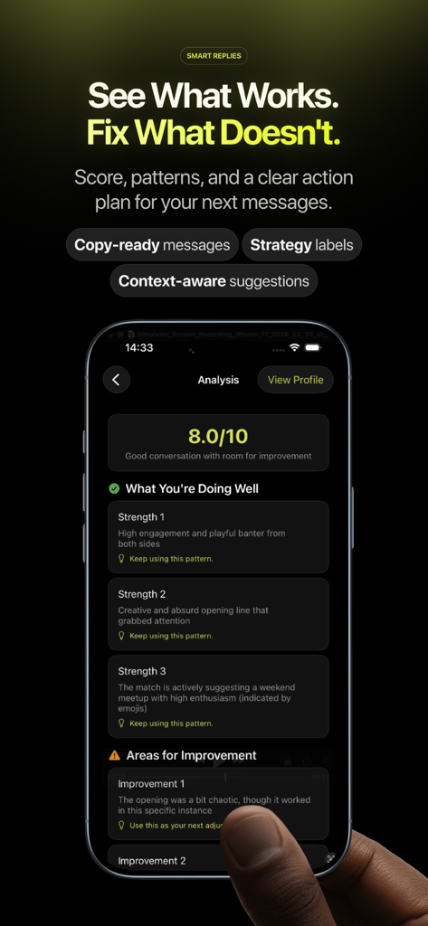 Hint AI: Dating Coach & Rizz - Hint AI app analysis screen showing a dating conversation score of 8 out of 10 with personalized feedback on strengths and improvements