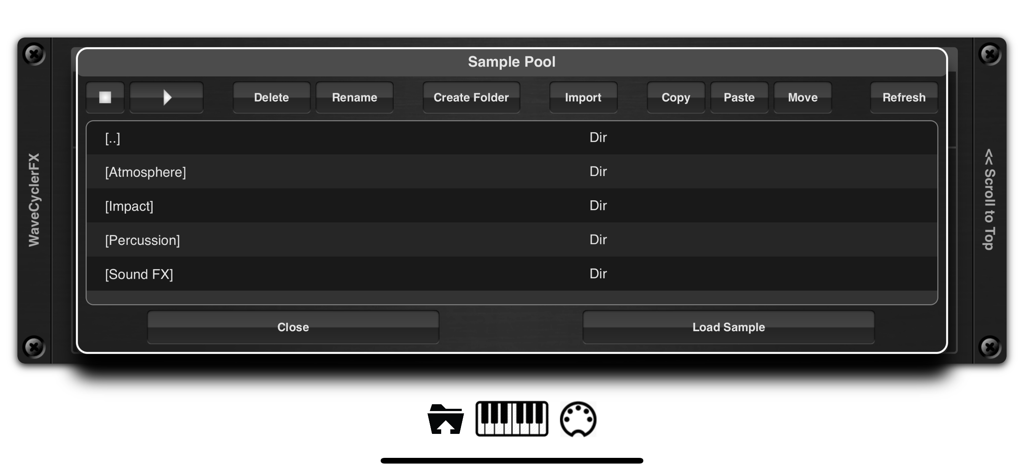 EvolverFX AUv3 Audio Plugin - EvolverFX app interface showing the sample pool with folders for atmosphere impact and percussion sounds