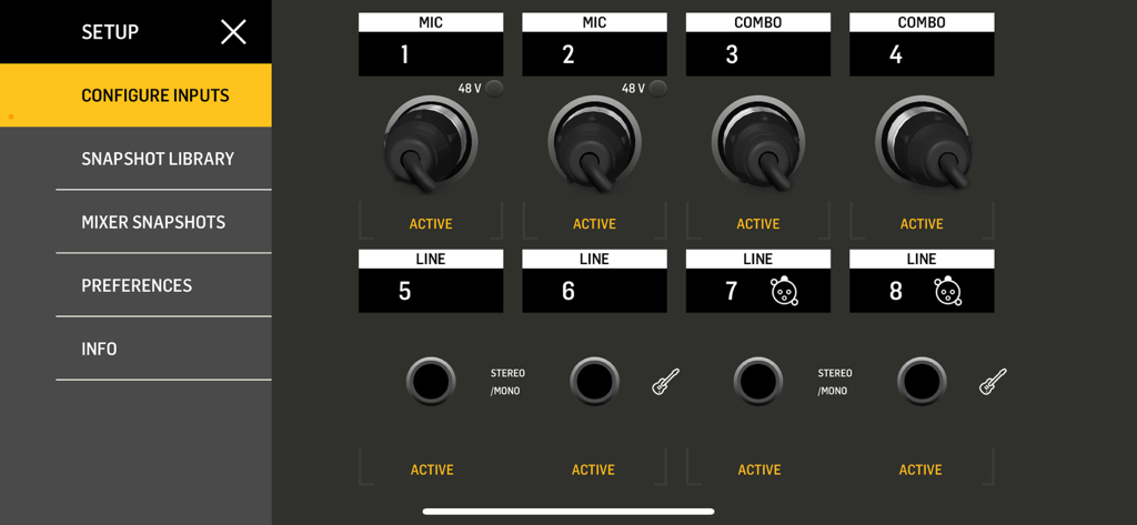 Setup menu in the FLOW Mix app displaying the input configuration screen for 8 channels on the Behringer mixer.