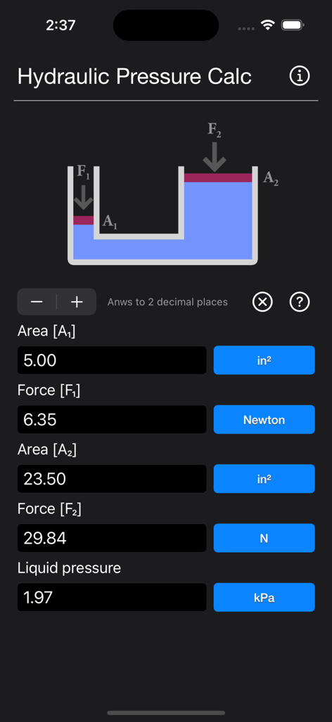 Hydraulic Pressure Calculator - Hydraulic pressure calculator app interface featuring a diagram and input fields for engineering calculations