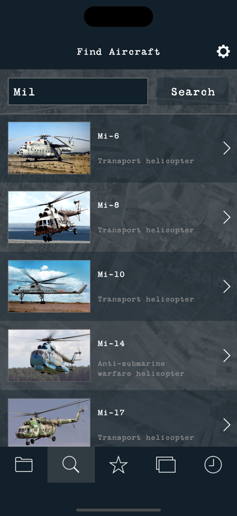Cold War Military Aircraft - Search interface in the Cold War Military Aircraft app showing a list of Mil transport and warfare helicopters