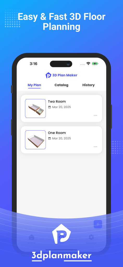 3DS PlanMaker, AI Arch design - Oberfläche von 3DS PlanMaker, die eine Liste gespeicherter 2D- und 3D-Grundrisse zeigt