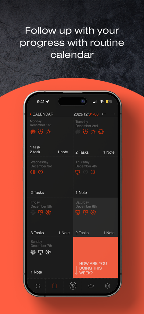 CLM Discipline guide - Pantalla de teléfono móvil que muestra un calendario de rutinas para el seguimiento de hábitos y progreso en la aplicación Guía de Disciplina CLM