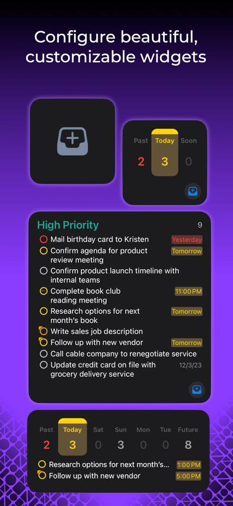 Exibição de vários widgets personalizáveis do OmniFocus 4 mostrando listas de tarefas de alta prioridade e contagens de tarefas diárias.