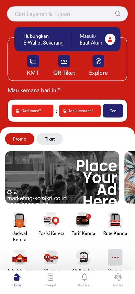 C-Access app home screen featuring train schedules and ticket booking options