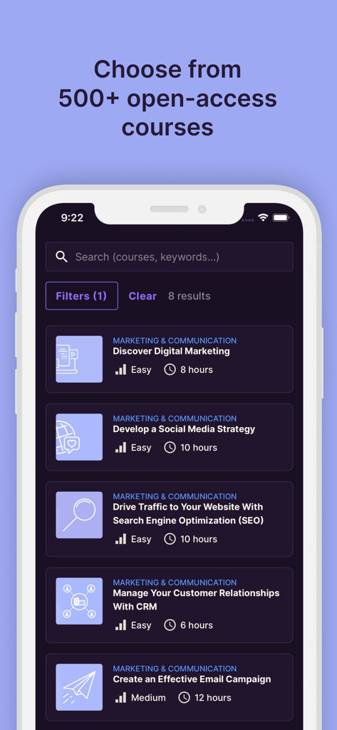 OpenClassrooms: Online courses - OpenClassrooms app interface featuring digital marketing and SEO courses for career growth
