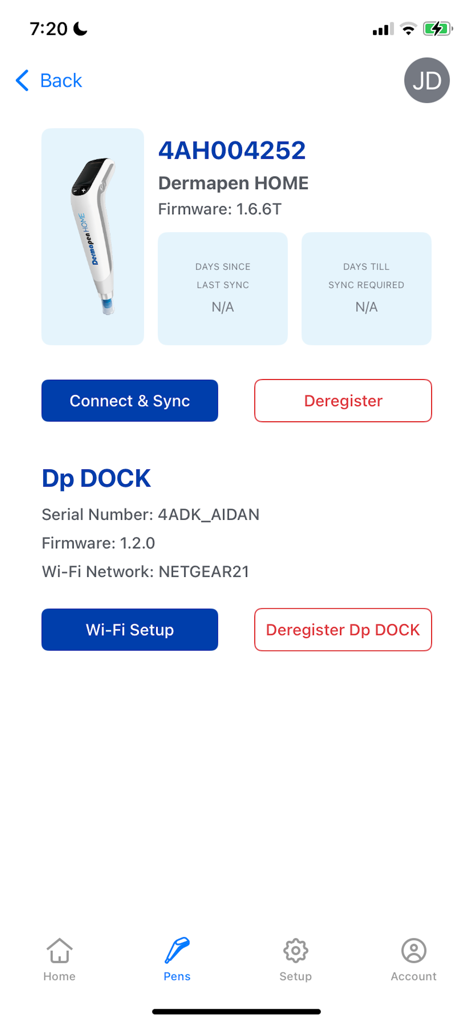 Dashboard showing Dermapen HOME and Dp DOCK device details and sync options