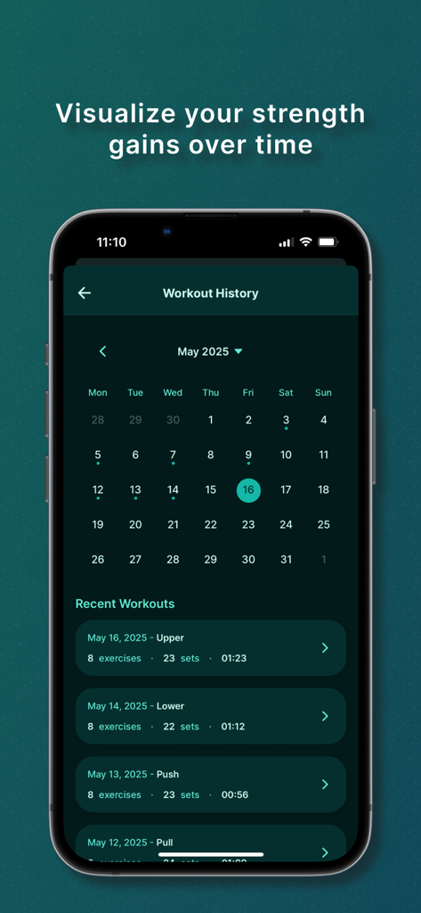 SetLog - Workout history view in the SetLog app displaying a calendar and summary of recent lifting sessions.