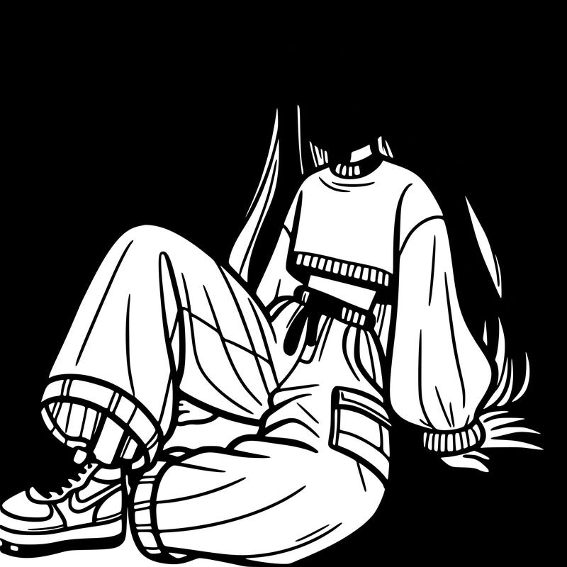 a girl with baggy pants and a crop top with long hair