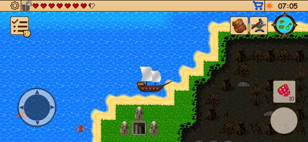 Survival RPG 1: Lost Treasure - Uma tela de jogabilidade de pixel art em 2D do Survival RPG 1 apresentando um navio perto da costa de uma ilha com uma entrada de masmorra