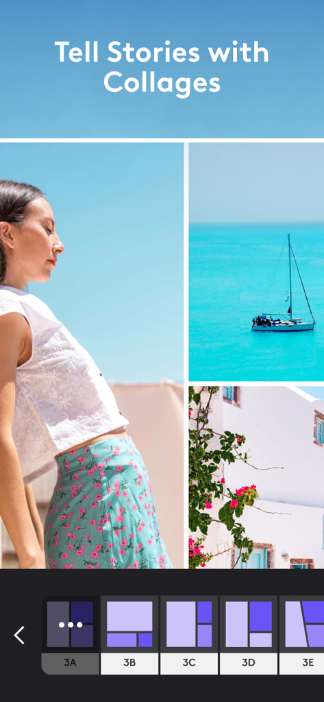 Eine Reisebericht-Fotocollage, erstellt in Photoleap, mit verschiedenen unten sichtbaren Layout-Vorlagen