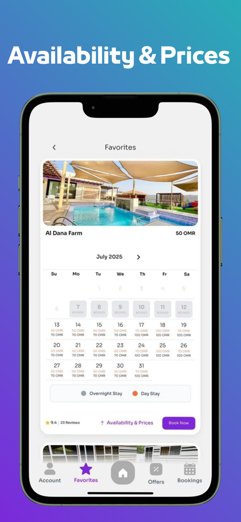 Masarrah: Oman Chalets & Flats - Masarrah app screenshot showing the availability calendar and rental prices for a chalet stay in Oman.