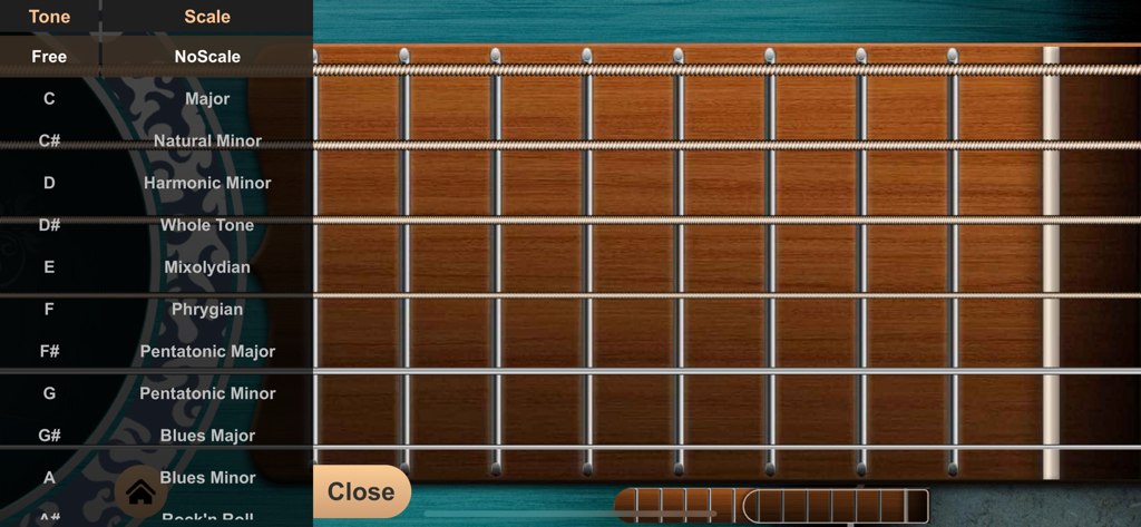 Real Guitar app interface showing a menu to select musical scales and tones on a virtual wooden fretboard.