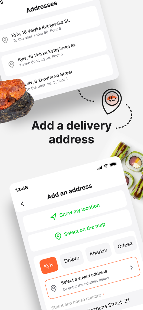 Mobile app interface for adding a delivery address with city selection and location options