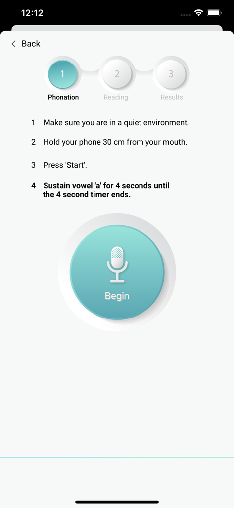 VoiceScreen. - Bildschirm der VoiceScreen-App mit Anweisungen für den ersten Schritt des Stimm-Screening-Prozesses namens Phonation.