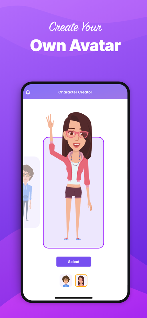 A mobile interface showing the Animaker avatar creator with a custom animated character.