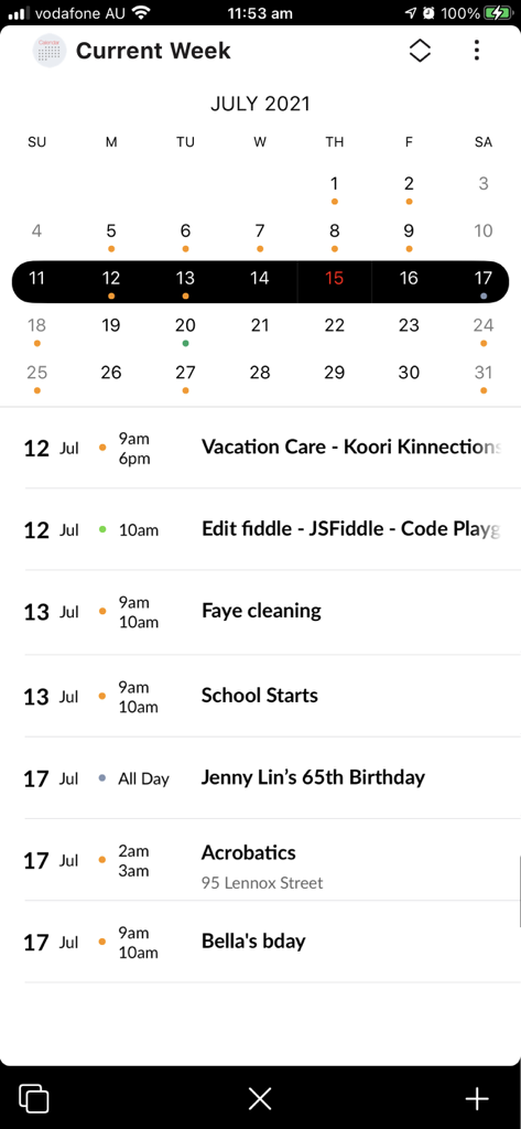 Weekly calendar and task agenda view within the Inclr Mindmap Notes Organizer app showing daily schedules and events.