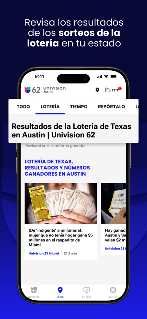 Univision Noticias - Univision Noticias 앱 인터페이스, 텍사스 복권 결과 및 지역 뉴스 스페인어 표시
