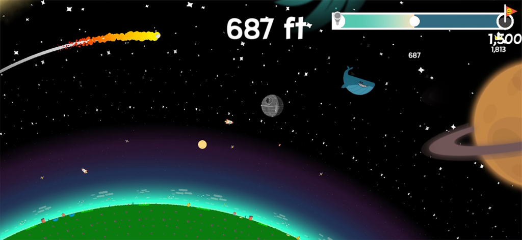 A golf ball flying through outer space in Golf Orbit