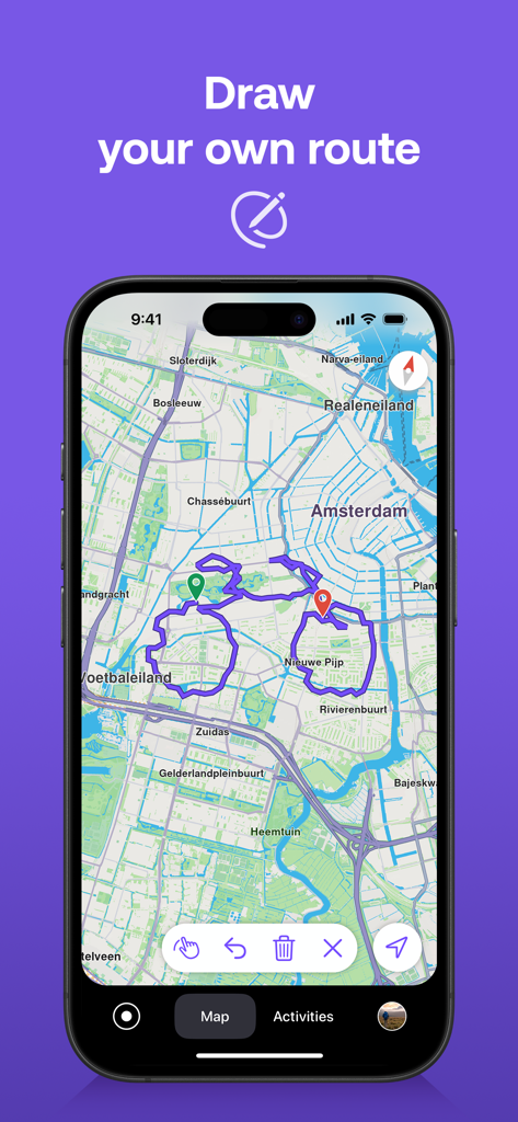 Magic Earth Navigation & Maps - Magic Earth app interface showing a custom hand-drawn bicycle route on a city map.