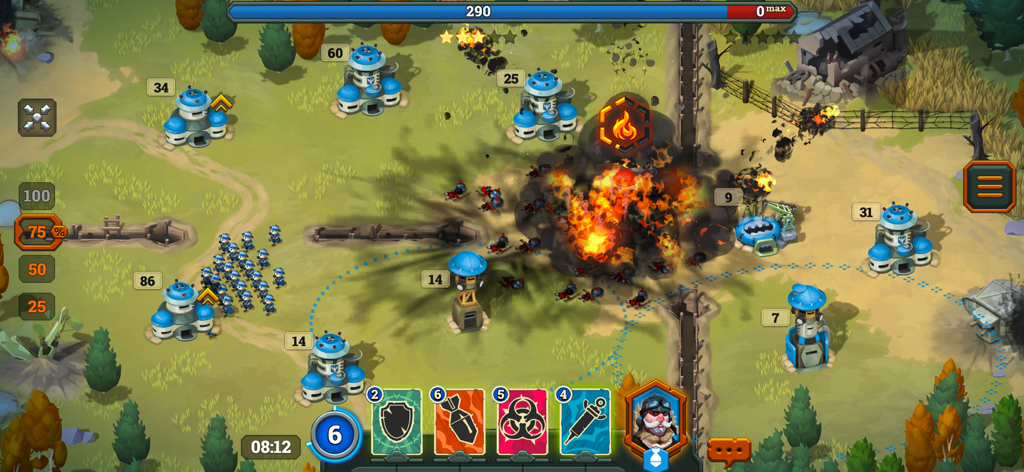 Bunker Wars: WW1 RTS - Jogabilidade de estratégia em tempo real em Bunker Wars WW1 mostrando uma batalha tática com tropas e explosões perto de bunkers fortificados