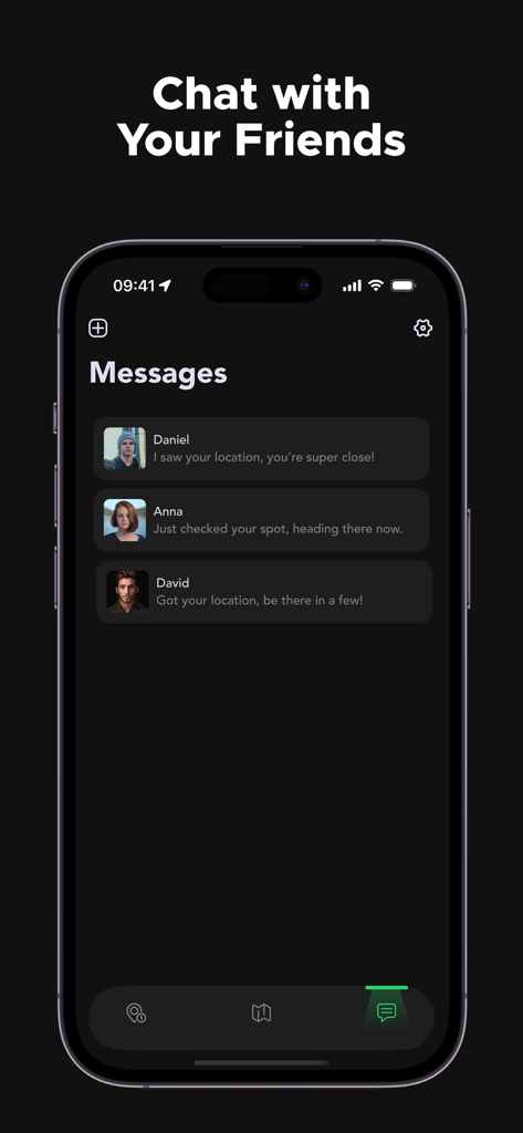 Find Location - Locella - Pantalla de smartphone que muestra la interfaz de mensajería de la aplicación Locella con una lista de chats activos de amigos.
