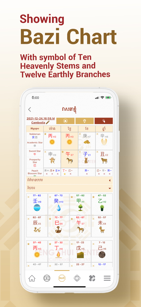 My Destiny by Master Naly - Mobile app interface of My Destiny showing a detailed Bazi chart with Ten Heavenly Stems and Twelve Earthly Branches symbols