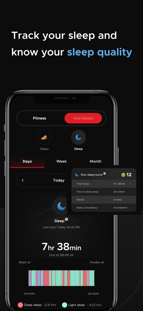 boAt Crest - 시간과 품질을 보여주는 boAt Crest 앱 수면 추적 대시보드