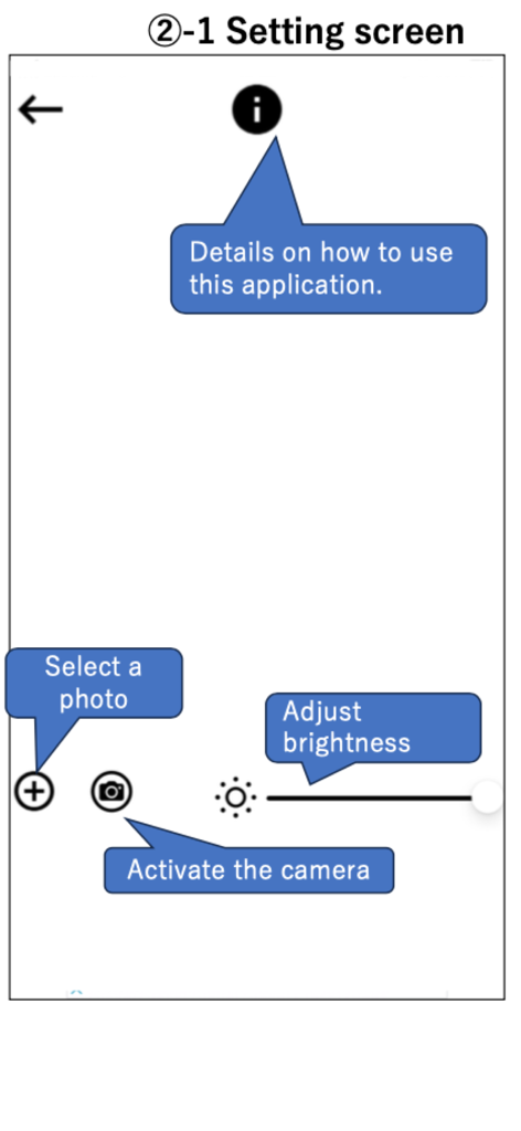 TracingMat - TracingMat app settings screen showing icons to select a photo, activate the camera, and adjust brightness.