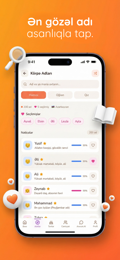 Anacan - Pantalla de la aplicación móvil Anacan para buscar y elegir nombres de bebés en azerbaiyano.