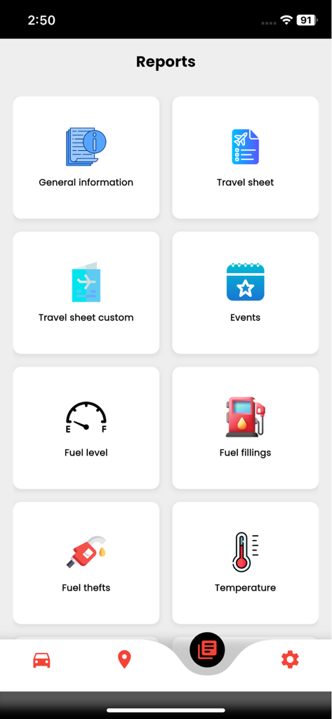 Shazcom Fiji - Pantalla de informes de la aplicación Shazcom Fiji que muestra niveles de combustible y registros de viajes