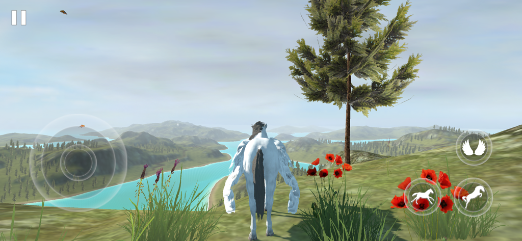 Flying Unicorn Simulator 2024 - A white winged unicorn overlooking a vast landscape with a river and mountains in a 3D simulation game.
