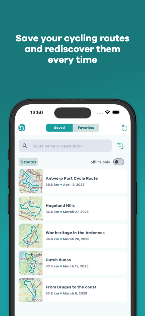 NodeMapp Bike - Smartphone screen showing a list of saved cycling routes in the NodeMapp Bike app.
