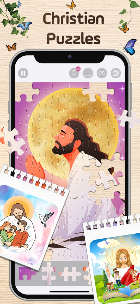 Interfaz de juego móvil que muestra un rompecabezas de Jesús orando y otras ilustraciones cristianas