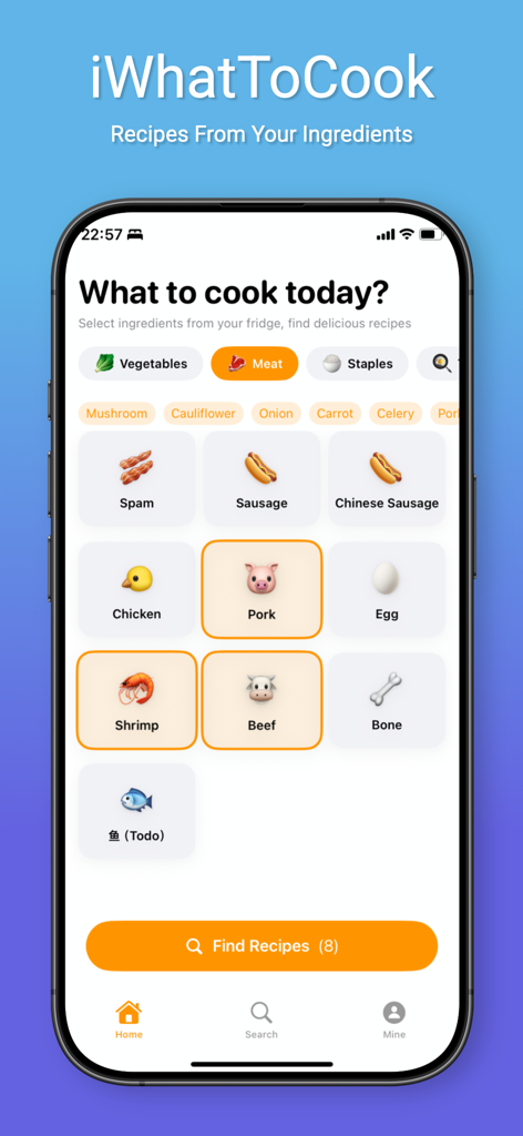 Interface do aplicativo do iPhone mostrando uma tela de seleção de ingredientes com vários ícones de carne selecionados para encontrar receitas