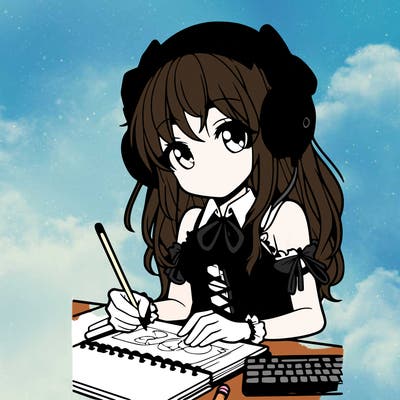 manga girl wearing headphones and drawing in sketchbook