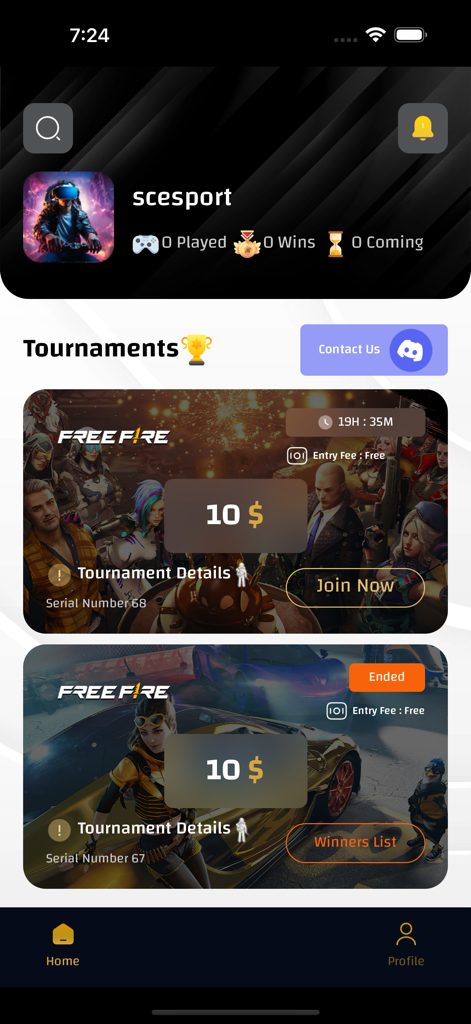 Pantalla de inicio de la aplicación SC ESport que muestra torneos activos y finalizados de Free Fire con importes de premios.