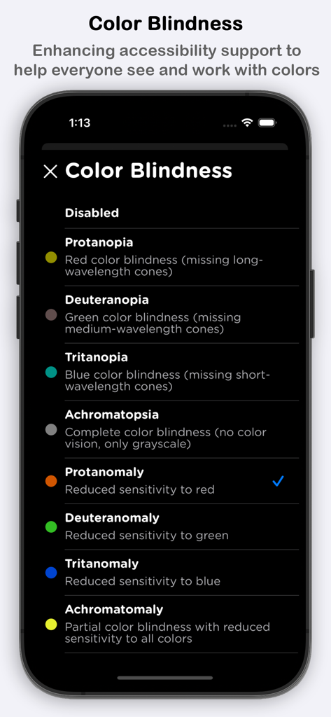 App screen showing color blindness accessibility options including Protanomaly and Deuteranopia