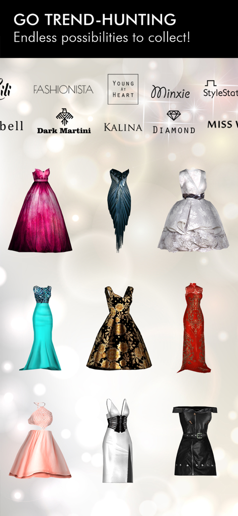 A collection of various stylish designer dresses and fashion brand logos from the game