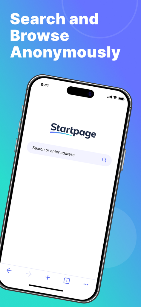 Startpageプライベートブラウザのインターフェース、スマートフォン上で検索バーと「匿名で検索・閲覧」というスローガンが表示されています。