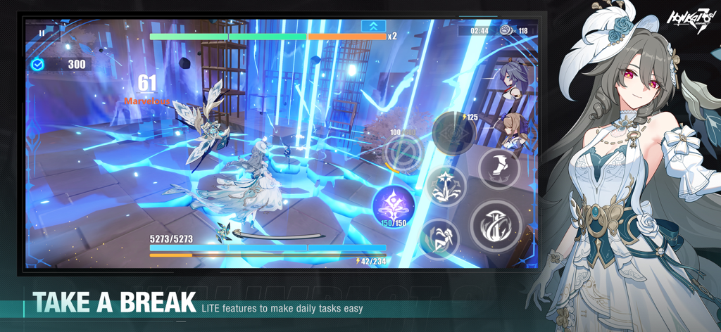 Honkai Impact 3rd - Honkai Impact 3rd gameplay screenshot featuring a Valkyrie in combat and the LITE system for daily tasks.